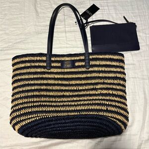 RALPH LAUREN Brie 22 Leather-Trim Straw Medium Tote Bag Natural/Refined Navy